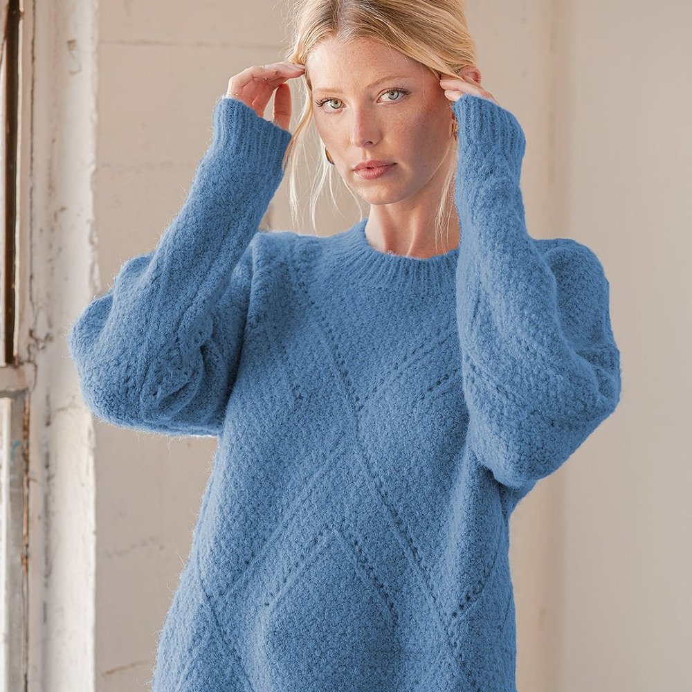 NWT Lulu’s Keep Cozy Dusty Blue Pointelle Knit Oversized Sweater Small